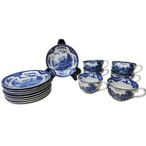 Vintage Blue & White Maruta China Occupied Japan 6 Teacups & 10 Saucers Set